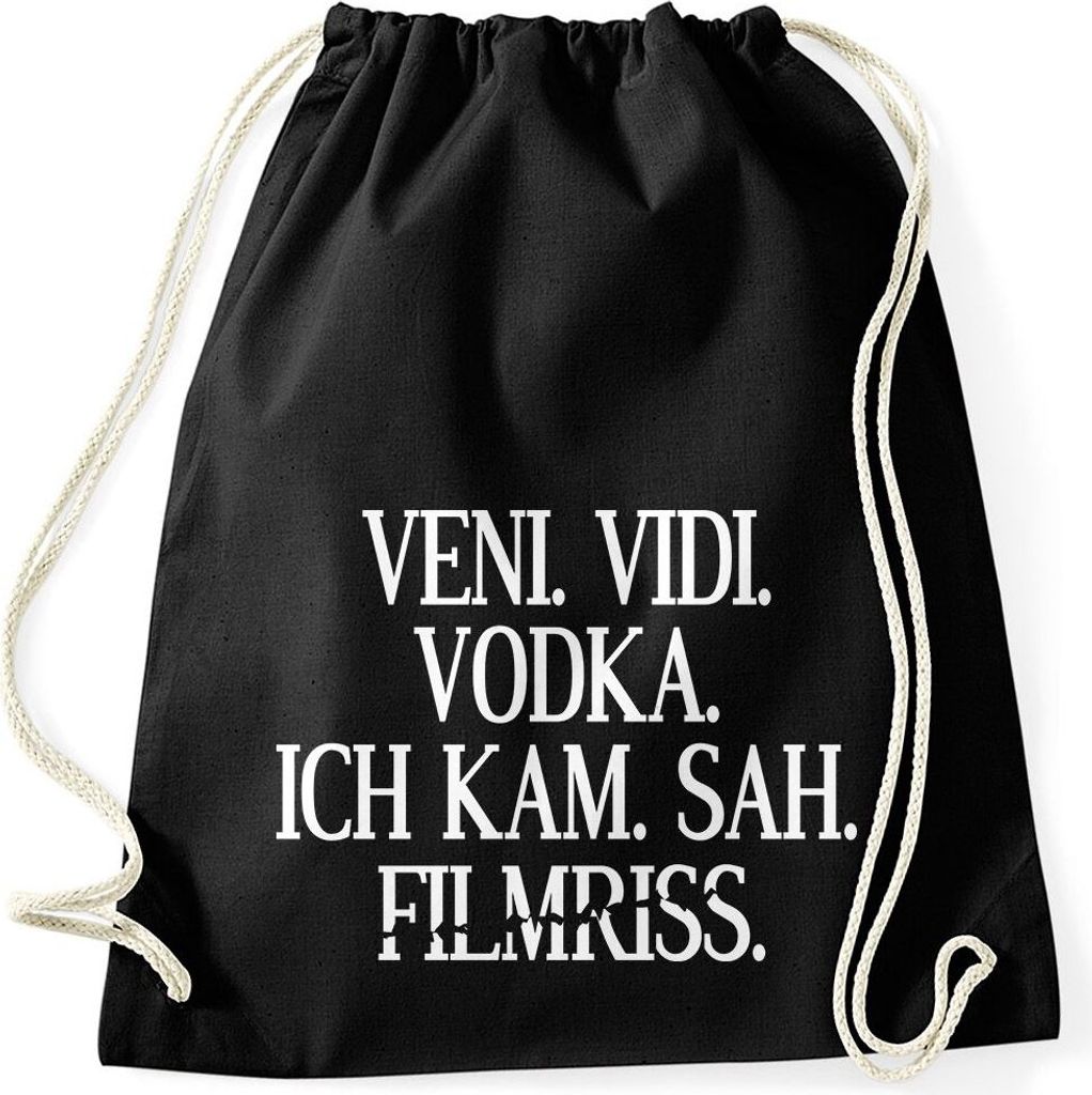 Turnbeutel Veni Vidi Vodka ich kam sah Filmriss Stoffbeutel Gymbag Alkohol Spruch lustig Party Festival Tasche Moonworks schwarz unisize