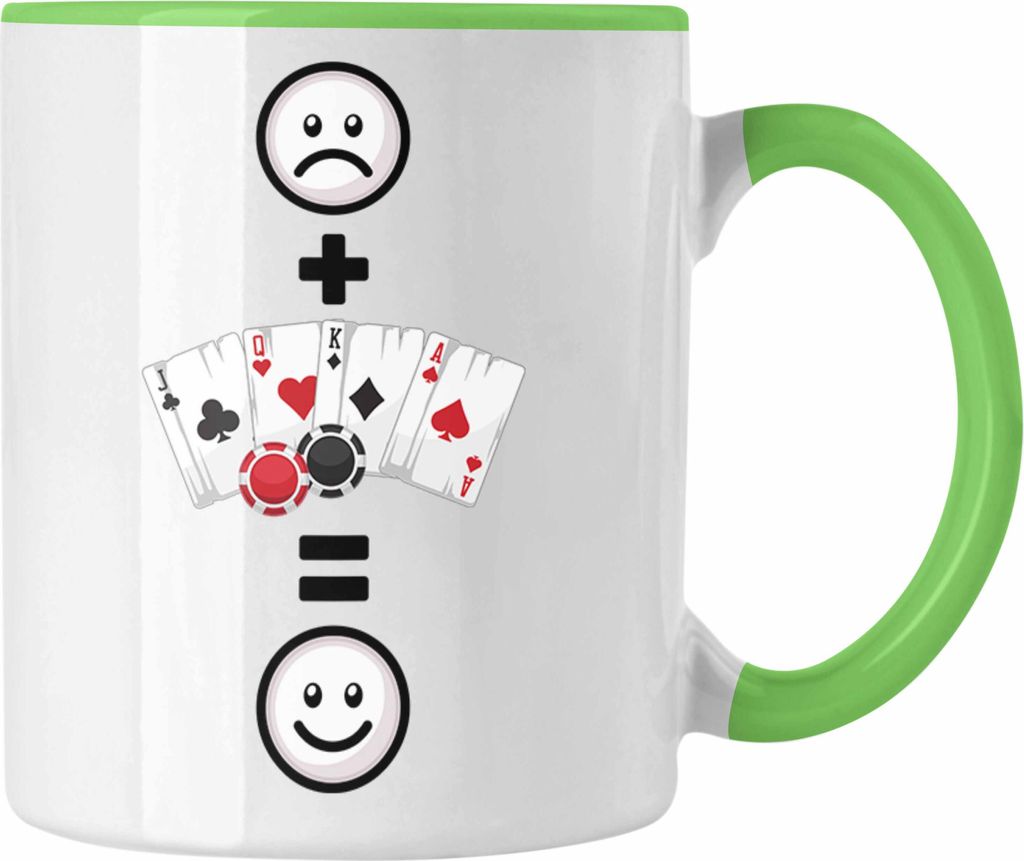 Trendation - Poker Tasse Geschenk für Poker-Spieler Geburtstag Lustige Geschenkidee :( + Poker = :) (Grün)