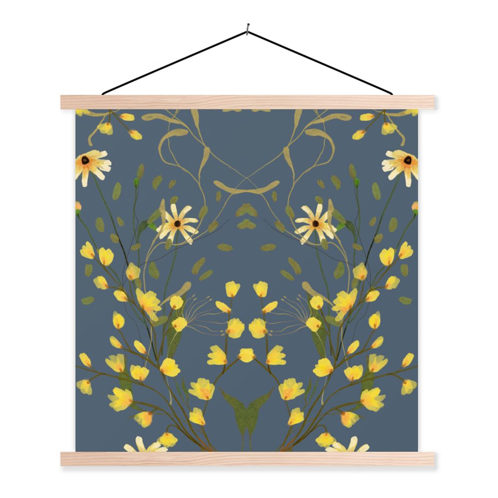 MuchoWow Textilposter Grau - Pastell - Blau - Blumen 40x40 cm mit holzfarbenen Rahmen - Posterleiste