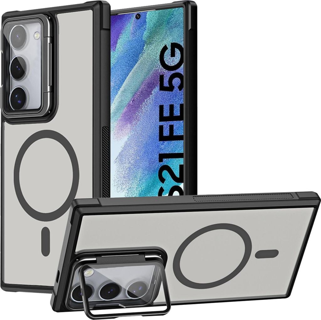 Schutzhülle für Samsung Galaxy S21 FE Hülle, Metallring für Wireless Laden klappbarer Kamera Schutz Glas Ständer
