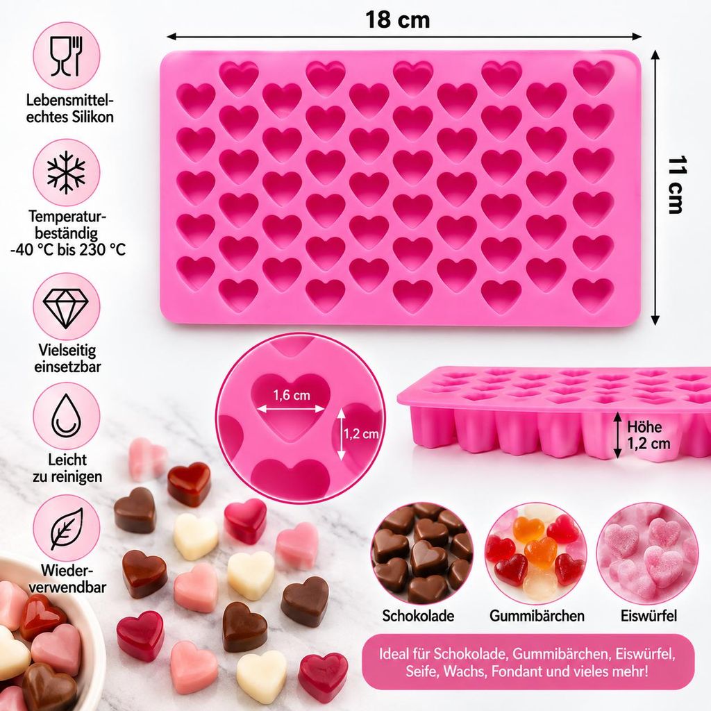 Mini Herz Silikonform mit 55 Mulden – 18 x 11 cm – Herzform Produktbild 