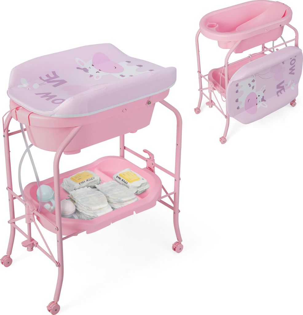 DREAMADE 2 in 1 Wickeltisch & Badewanne mit Gestell, Wickeltisch Klappbar, Wickelkommode auf Rollen mit Bremsen, Badestation Baby ab Geburt bis 15 ...