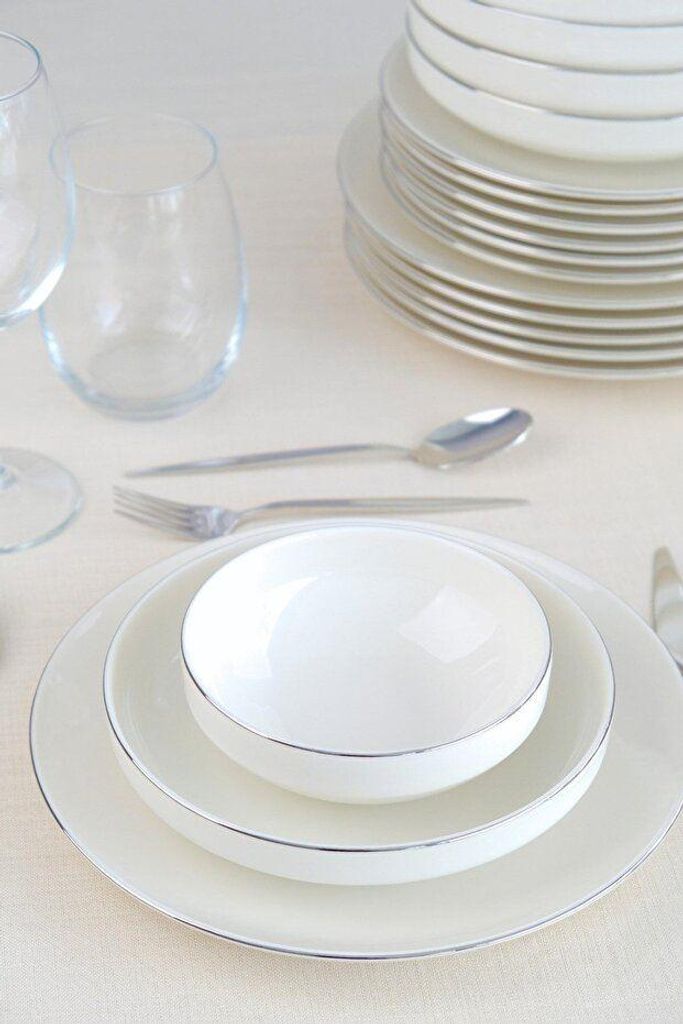 Hermia Concept, Hochwertiges 24-teiliges Dinner Set aus 100% Porzellan, Weiß und Silber | 6 Servierplatten (25 cm), 6 Teller (21 cm), 6 Schalen (1...