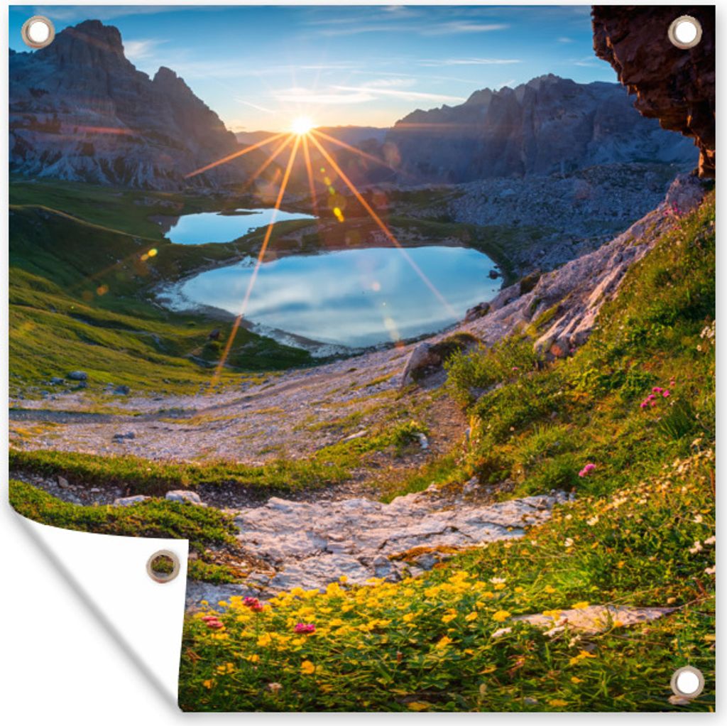 MuchoWow 100x100 cm Outdoor-Poster Gartendeko Sichtschutz Garten Poster für den Garten Alpen - See - Sonne