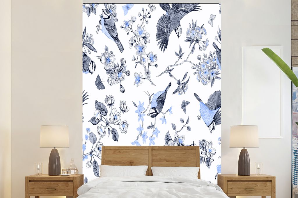 MuchoWow Fototapete für Wohnzimmer oder Schlafzimmer Wandtapete Vinyl Motivtapete Blumen - Vogel - Blau - 195x300 cm - Das Hintergrundbild