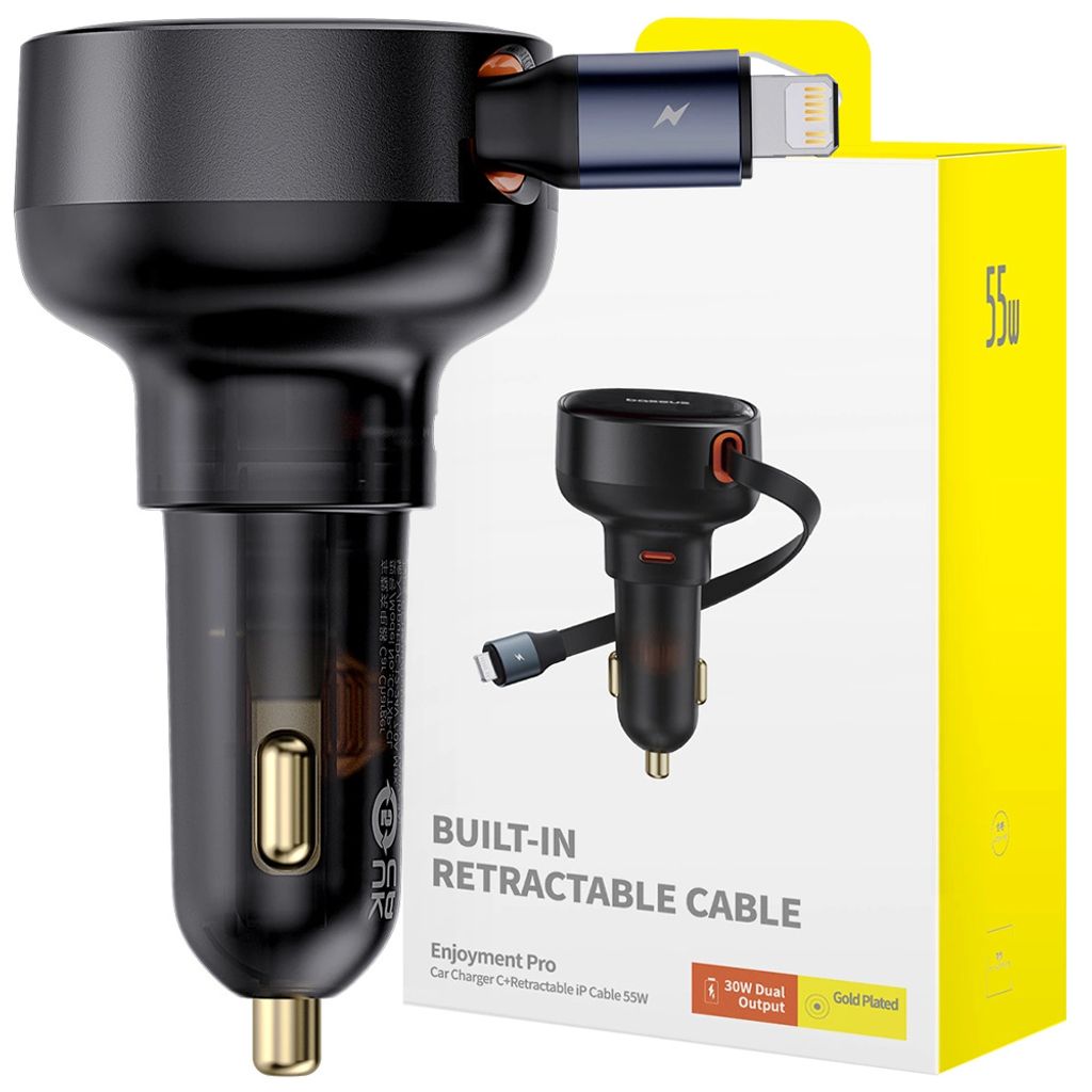 Baseus Enjoyment: Caricatore Auto 30W Con Doppio Cavo Integrato USB-C E Lightning (3A). Ricarica Rapida Per IPhone E Android In Un Unico Dispositivo, Colore Nero.