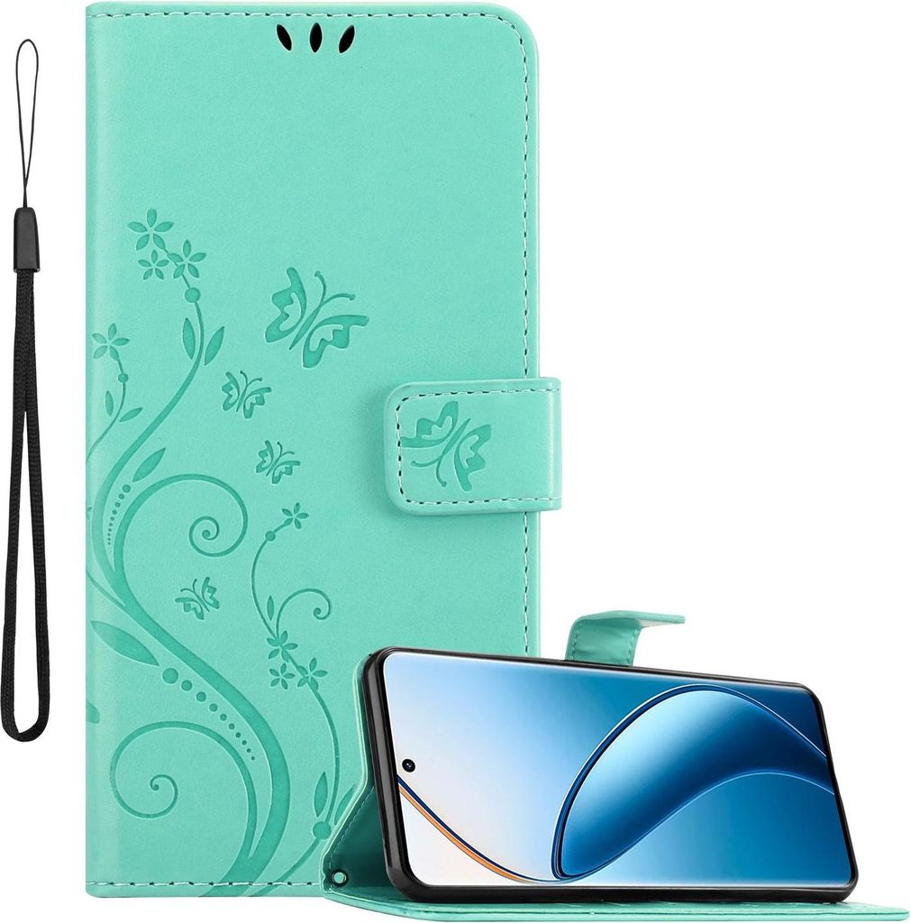 Cadorabo Hülle für Realme 12 Pro Hülle in FLORAL TÜRKIS Schutzhülle im Blumen Design mit Magnetverschluss, Standfunktion und Kartenfächern Bo...