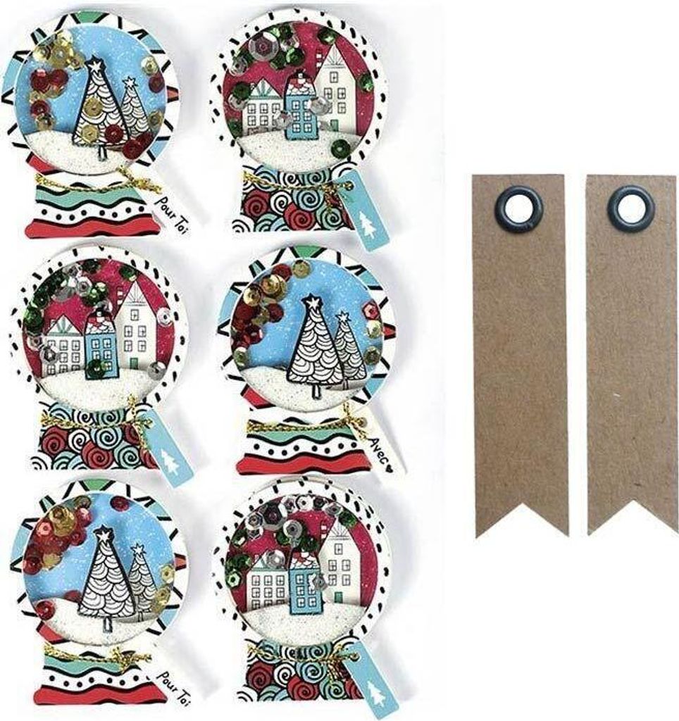 6 Aufkleber 3D - Schneebälle 5 cm + 20 Wimpel Kraft Etiketten