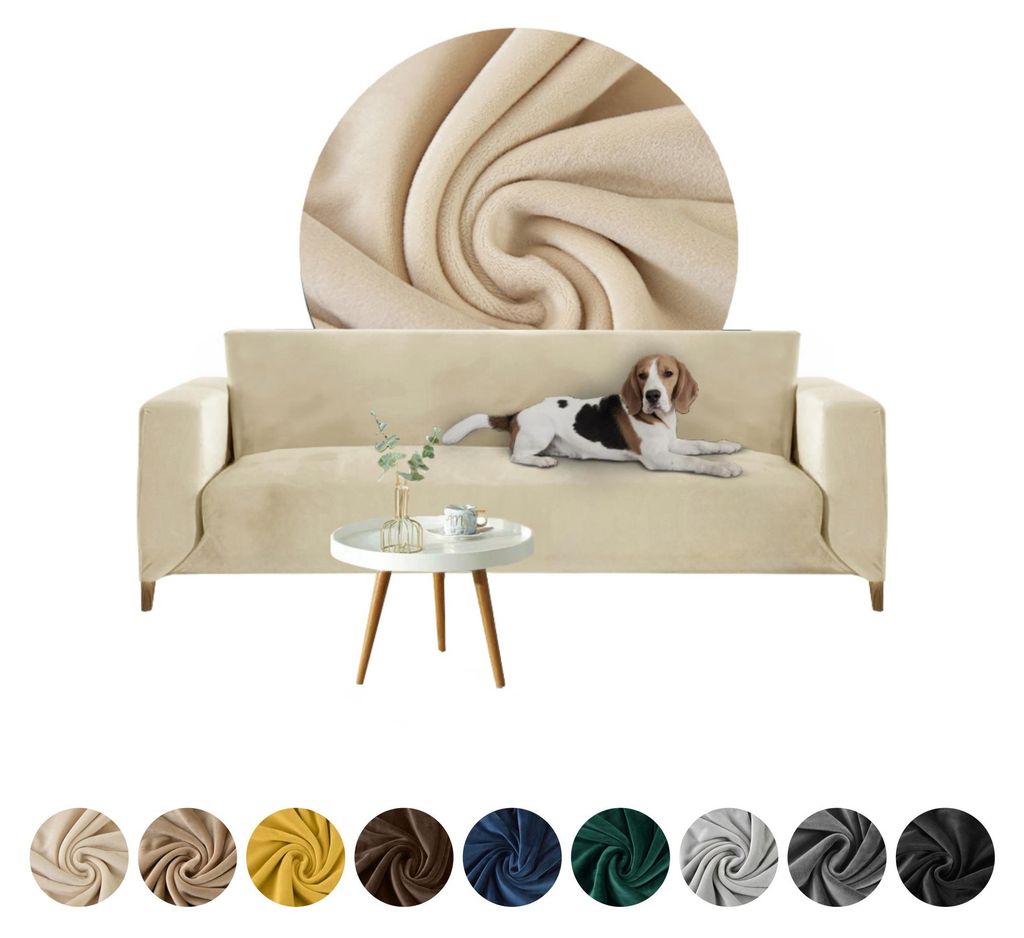 Elastischer Velours-Bezug für Ecksofa 4-Sitzer in Creme – Produktbild 