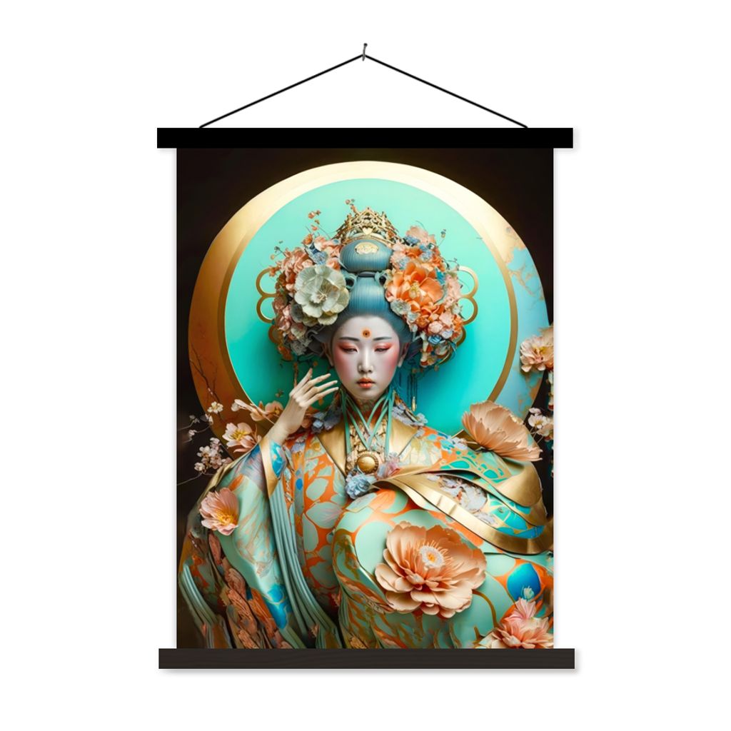 MuchoWow Textilposter Frau - Kimono - Blumen - Gold - Porträt 60x80 cm mit schwarzem Rahmen - Plakathalter