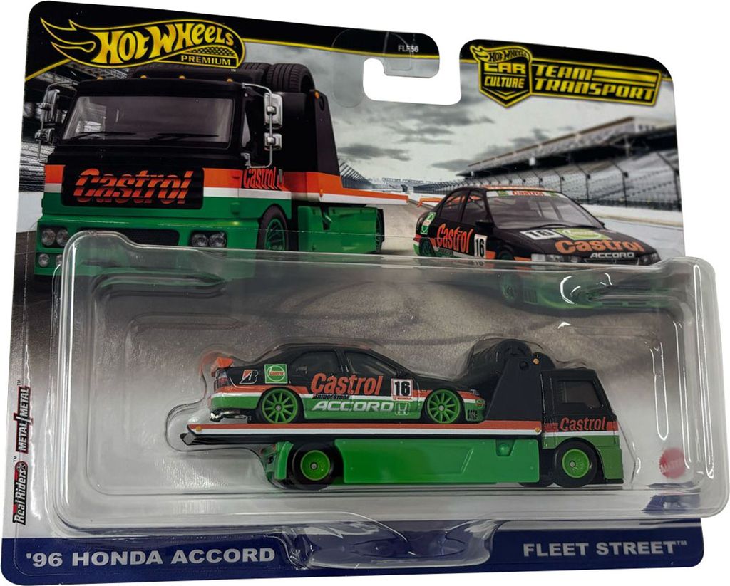 A Hot Wheels premium car culture team transport set featuring a '96 Honda Accord and a Castrol-branded truck, displayed in its retail packaging.