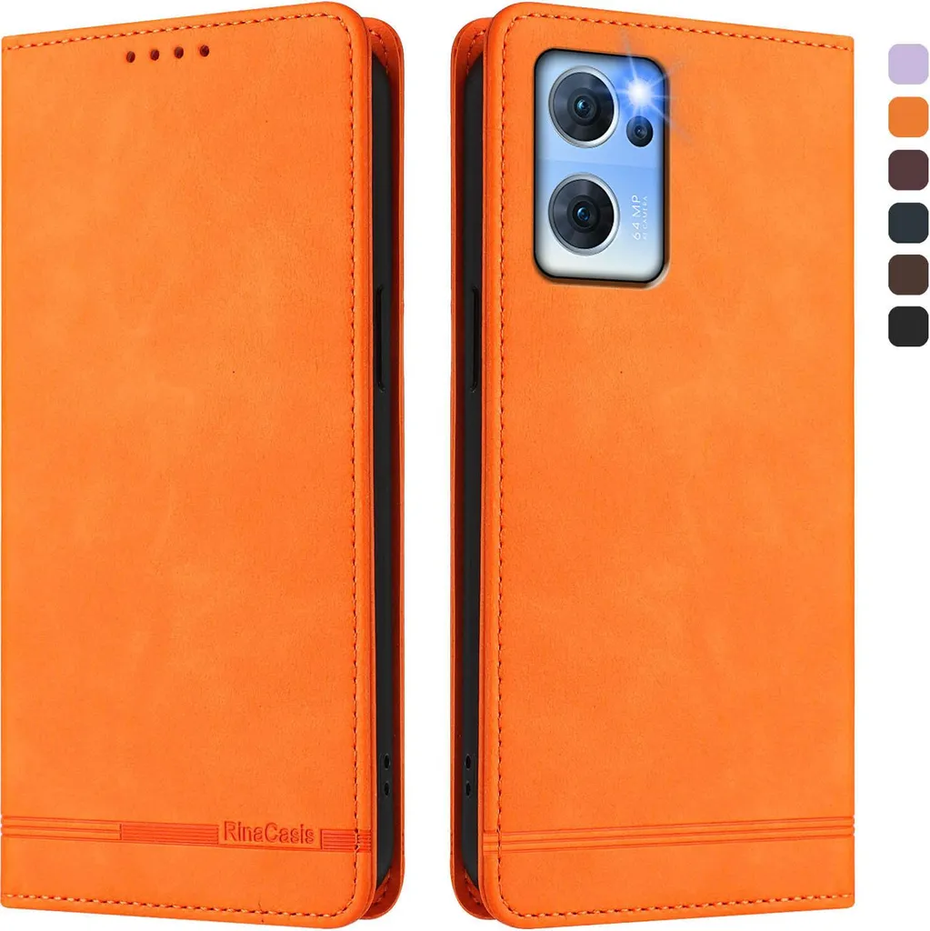 Cover Oppo Reno7 5G Arancione - Custodia Flip Retro con Supporto Video
