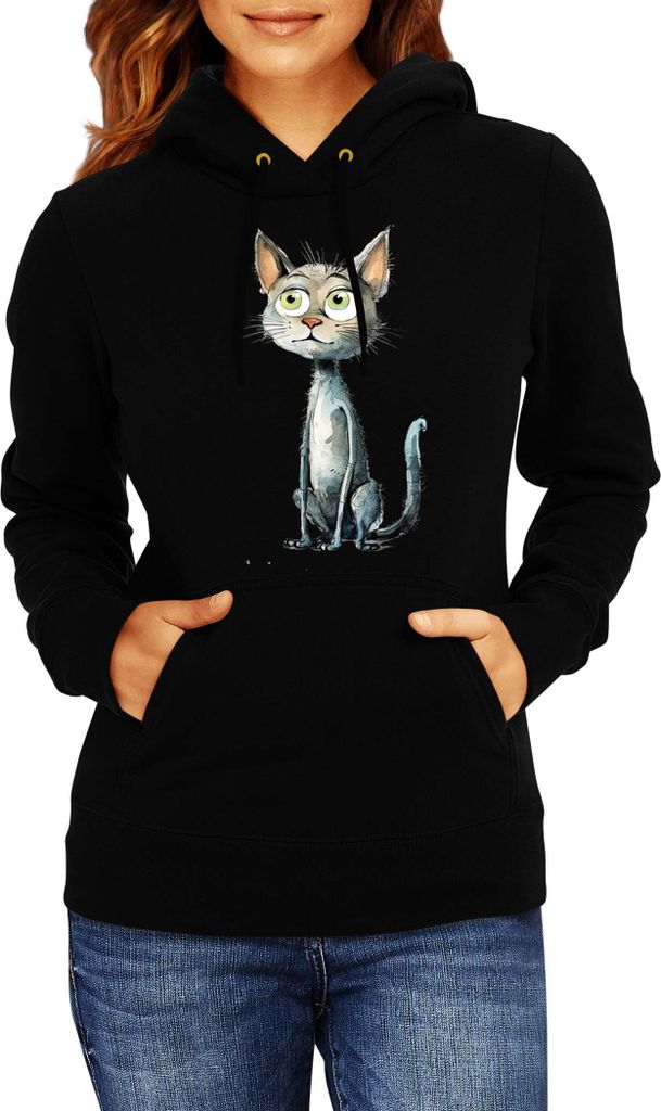 Damen Kapuzenpullover Funny Cats Breeds European Shorthair Cat, Lady M / Schwarz
