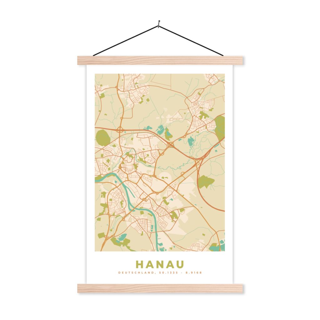 MuchoWow Textilposter Karte - Hanau - Karte - Vintage - Stadtplan 120x180 cm mit holzfarbenen Rahmen - Textil-Plakat