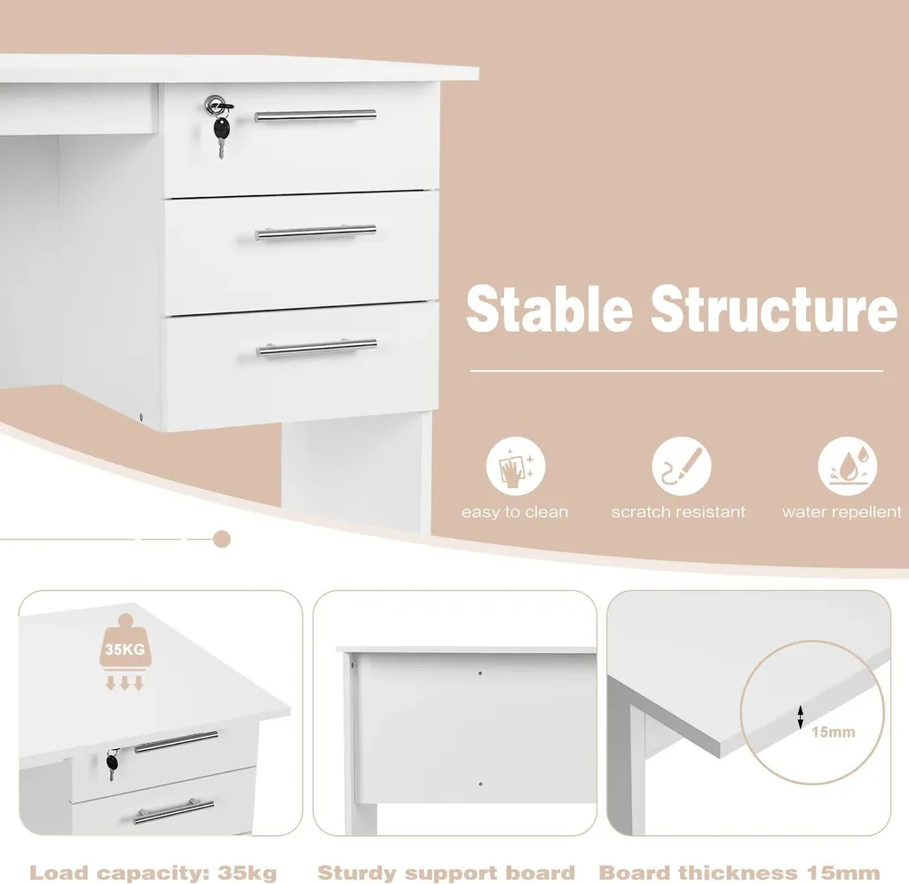 Bureau blanc en MDF Modèle Zen - Table d'ordinateur 3 tiroirs sécurisés - 5