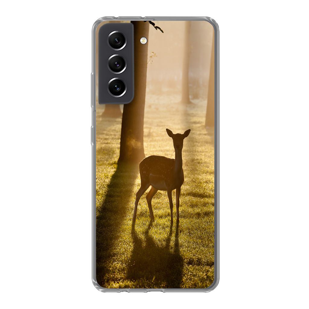 MuchoWow Handyhülle Schutzhülle Hülle für Samsung Galaxy S21 FE Hirsche - Sonne - Bäume Silikon Softcase Handy Hülle - Mobiltelefonhülle