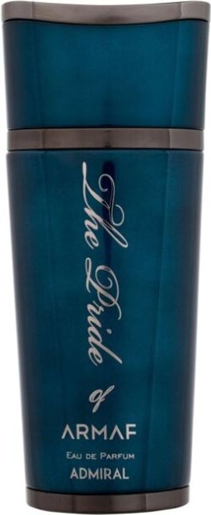 A close-up studio shot of a dark blue perfume bottle with silver text.