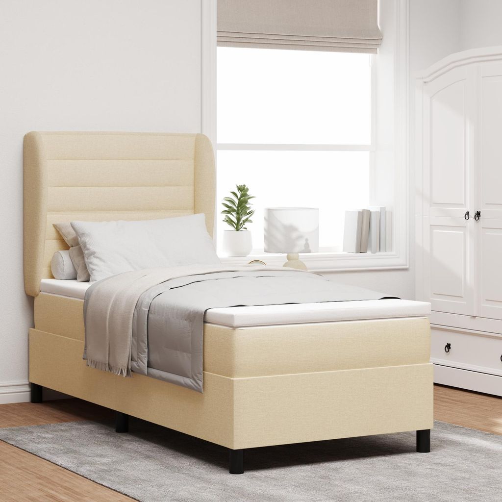 Eleganten-Stil Polsterbett Boxspringbett mit Matratze Creme 90x190 cm Stoff - Bettrahmen - Klassische Betten DE18197