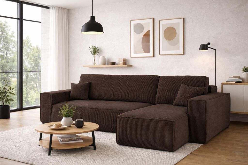 A modern living room with a sectional sofa, coffee table, and decor.