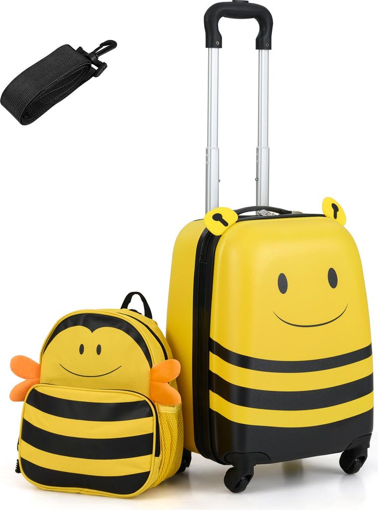 GOPLUS Kinderkoffer 2 TLG. mit Rucksack, Reisekoffer Set Kinder mit niedlichem Bienen-Rucksack & 18 Zoll Rollkoffer, Gelb