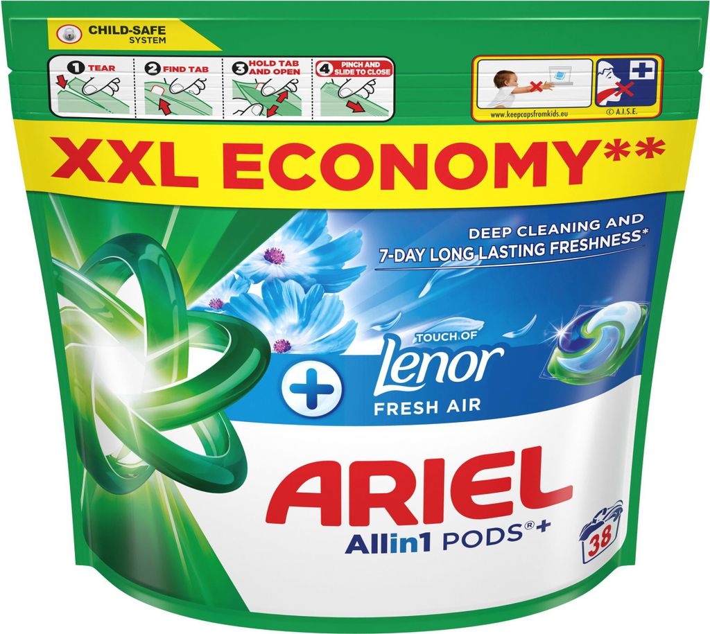 A pouch of Ariel Allin1 PODS+ with a touch of Lenor Fresh Air.