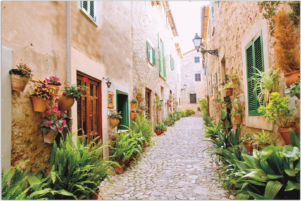 Wallario Wandbild Südländische Gasse mit alten Häusern und grüner Oase, Größe: 61 x 91,5 cm, Poster mit rahmenlosen Bildhalter