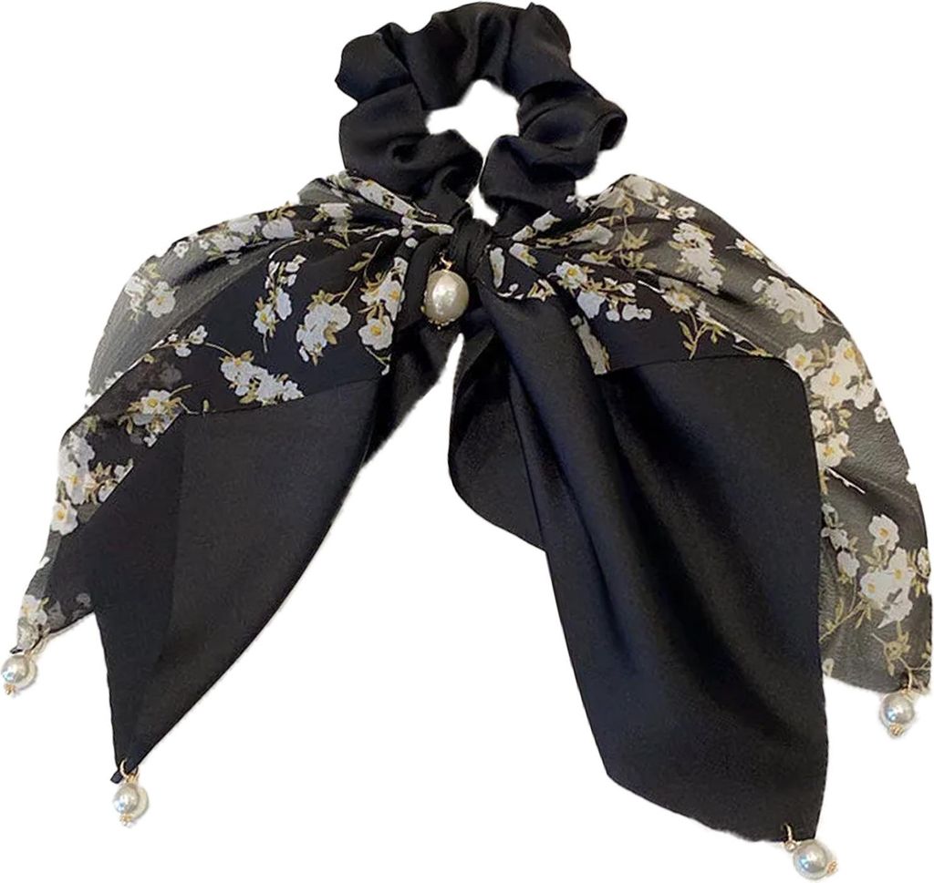 Langes satiniertes Schal-Scrunchie mit Perlen-Butterfly – zart Schwarz