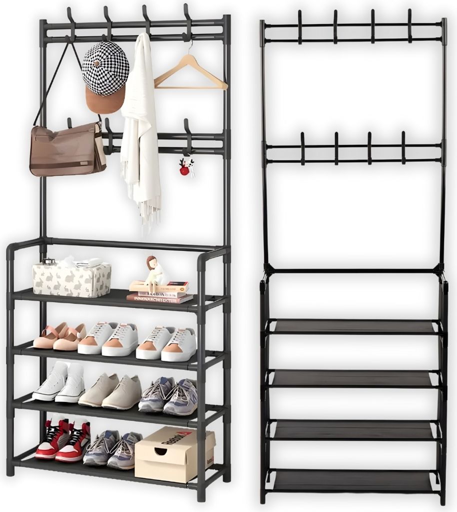 Two black metal hall trees with shoe shelves are shown side-by-side against a white background. The left hall tree is accessorized with a hat, bag, scarf, and shoes, while the right hall tree is empty.