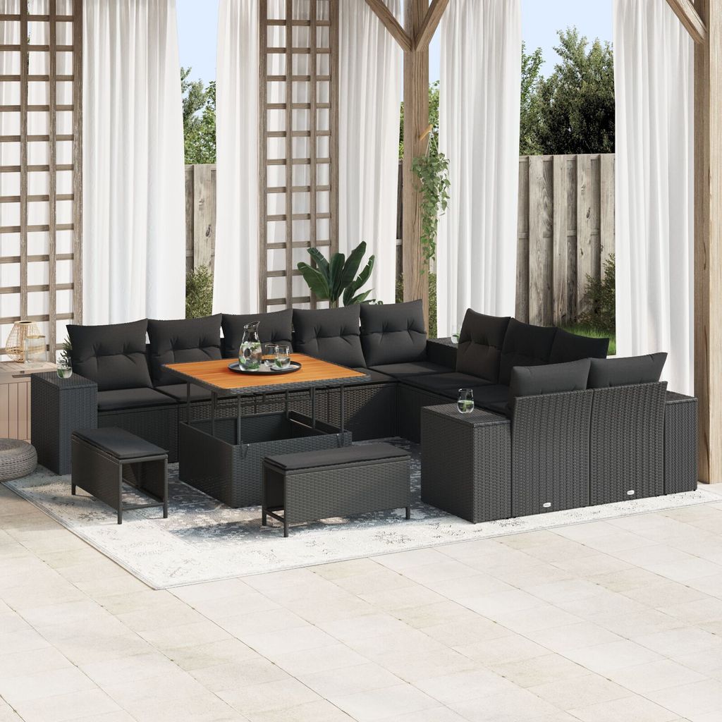 Möbel 13-teiliges Garten Sofaset mit Kissen Schwarz Poly-Rattan Akazie, 3-teiliges Garten Essbereich mit Kissen Schwarz Poly-Rattan Akazie - Garte...