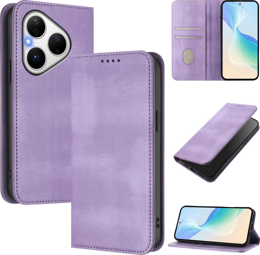 Handyhülle für Huawei Pura 80, Vintage Leder RFID Schutz Kartenfach Standfunktion Magnetische Klapphülle Violett