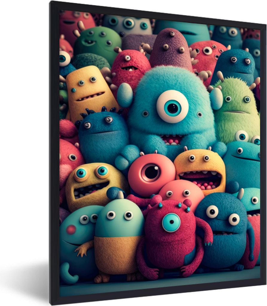 MuchoWow Gerahmtes Poster Kinder - Monster - Regenbogen - Design - Mädchen - Jungen 30x40 cm - Poster mit Schwarzem Bilderrahmen Wandposter Rahm...