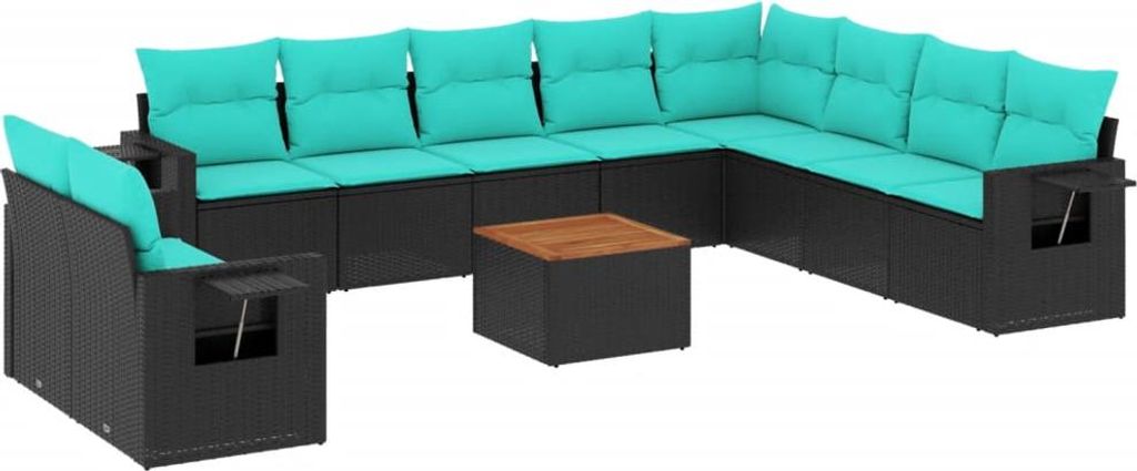 vidaXL 11-teiliges Gartensofa-Set mit Kissen, schwarzes Polyrattan
