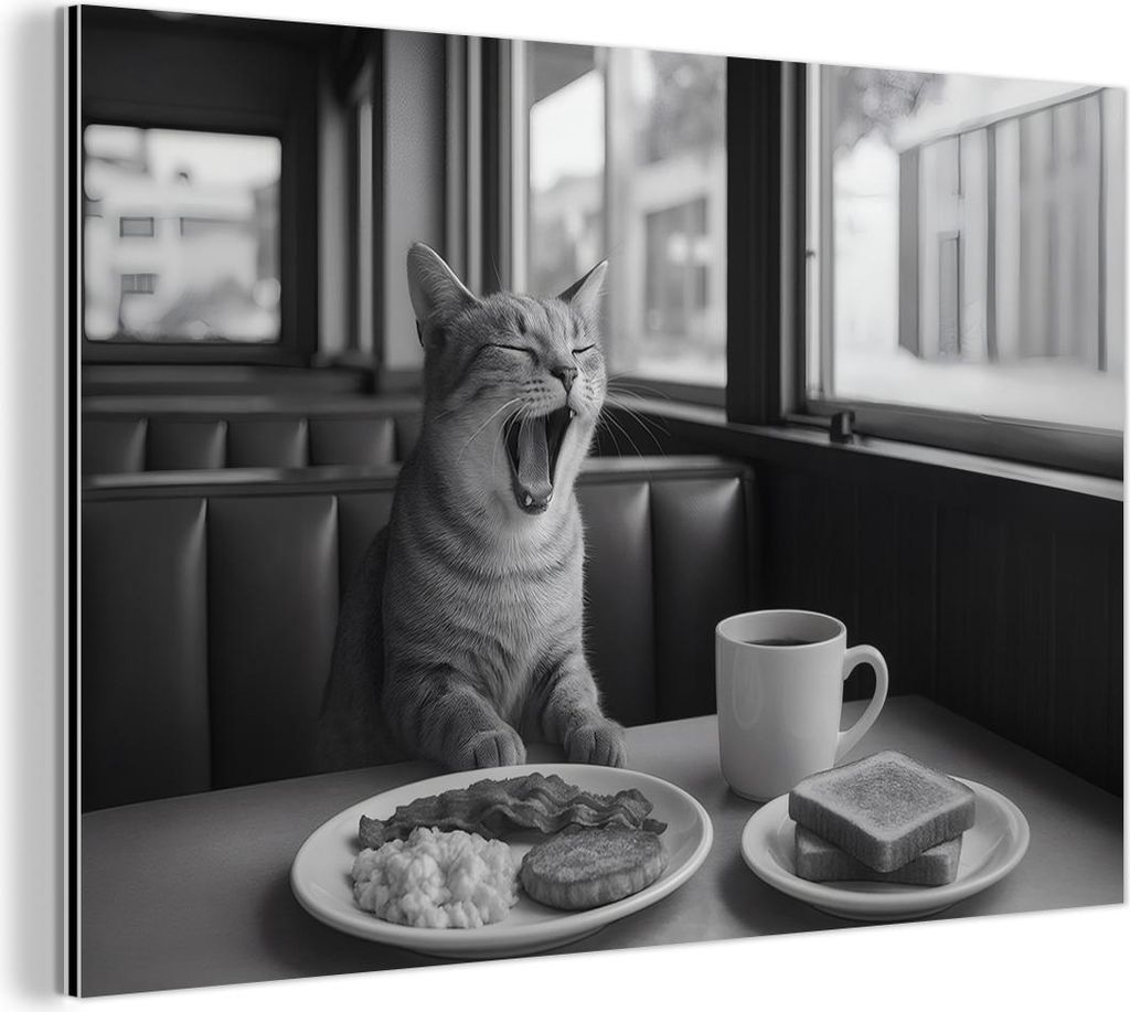 MuchoWow Wanddekoration Metall Metallbild Wandkunst 60x40 cm Katze - Kaffee - Brot - Schwarz MuchoWow Aluminium Gemälde - Gemälder