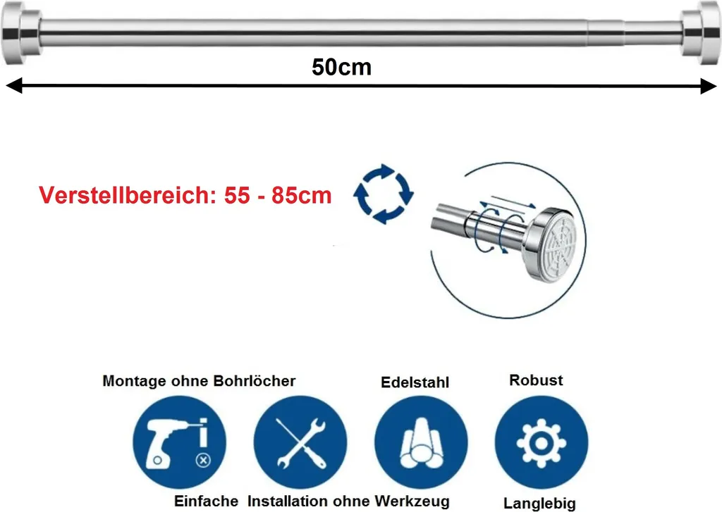 Barre de douche extensible en inox 55 à 85 cm fixation par pression - 3