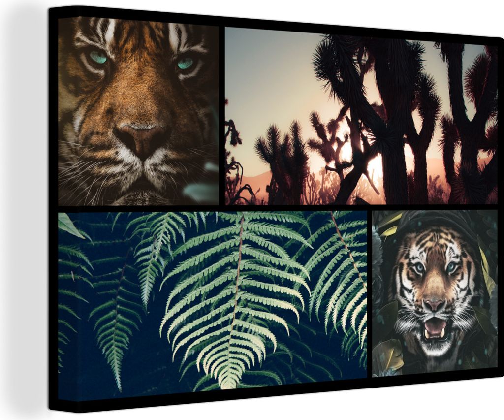 OneMillionCanvasses - Leinwandbilder - 150x100 cm, Collage - Tiger - Pflanzen - Sonnenuntergang, Wandbilder Kunstdruck Wanddekoration