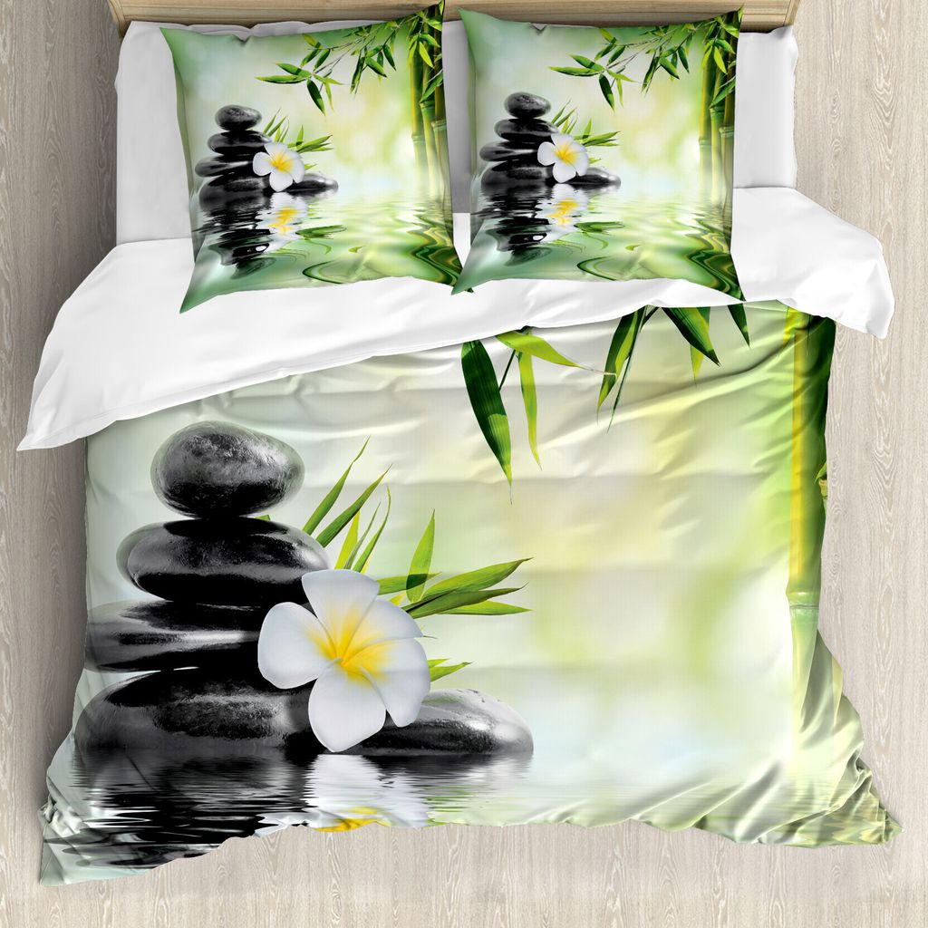 ABAKUHAUS Garten Bettbezugs Set Für Doppelbetten, Bambusjapaner Entspannen, Milbensicher Allergiker geeignet mit Kissenbezügen, Blasses Grünes G...