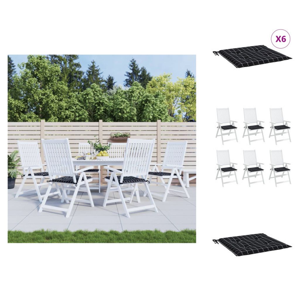 vidaXL Gartenstuhl-Kissen 6 Stk. Schwarz Karomuster 40x40x3 cm Stoff - Sitzpolster