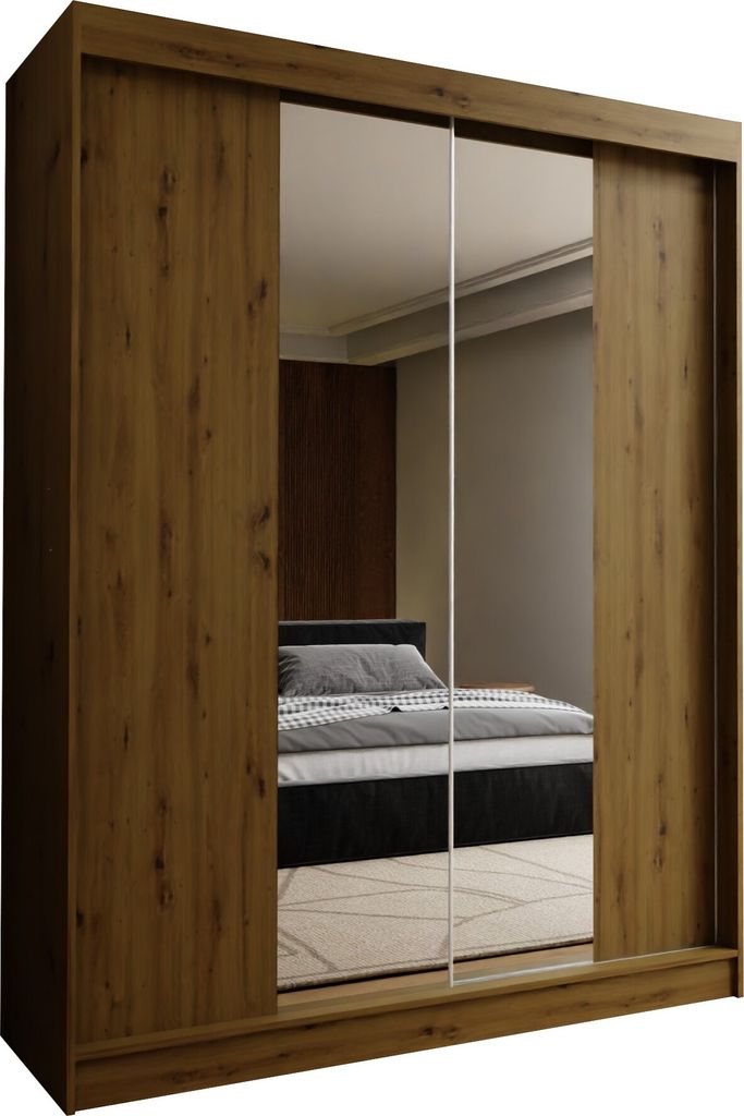 Masseno Schiebetürenschrank LUCENZA 150 cm Kleiderschrank Schlafzimmer Schrank 2-türig mit Spiegel Eiche Artisan