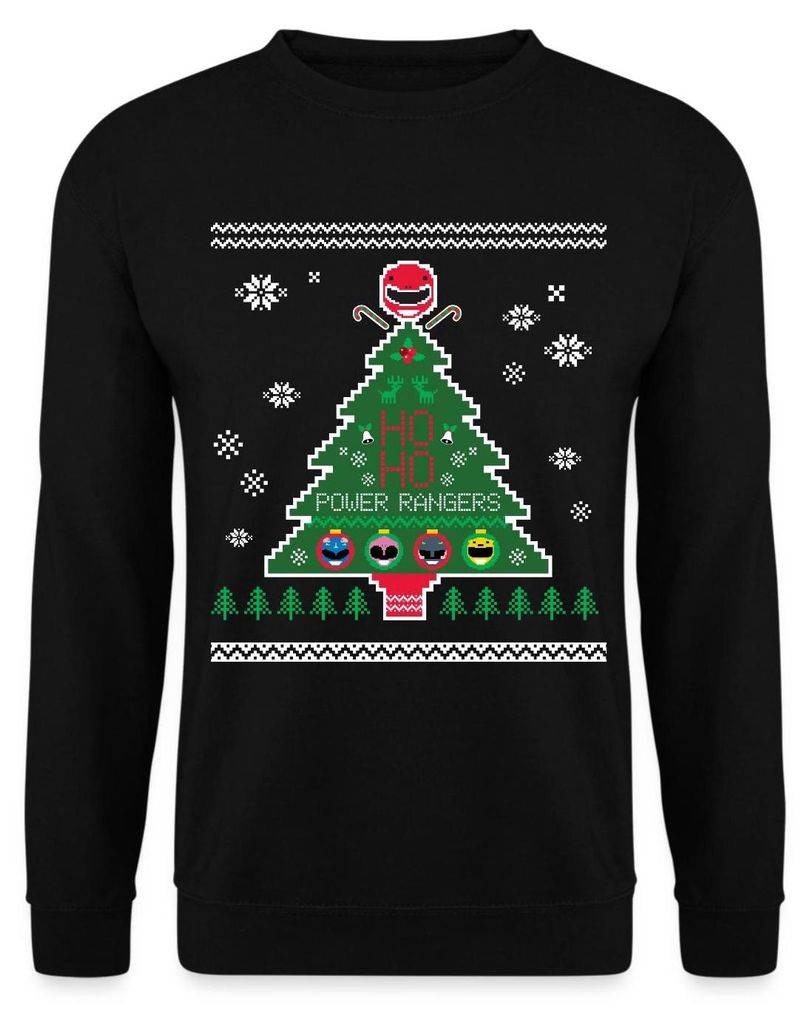 Spreadshirt Power Rangers Ugly Christmas Weihnachtsbaum Uni Pullover, L, Schwarz