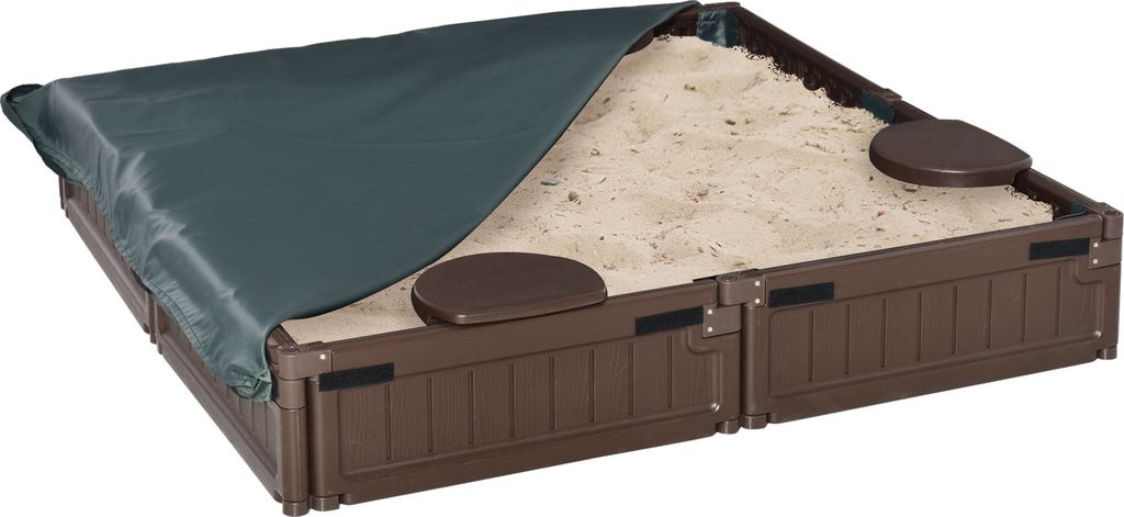 Outsunny Sandkasten Sandbox 4 Sitzer Sandkiste mit Bodenplane, Abdeckplane für 3-12 Jahre Kinder, HDPE, 123 x 123 x 21 cm, Braun