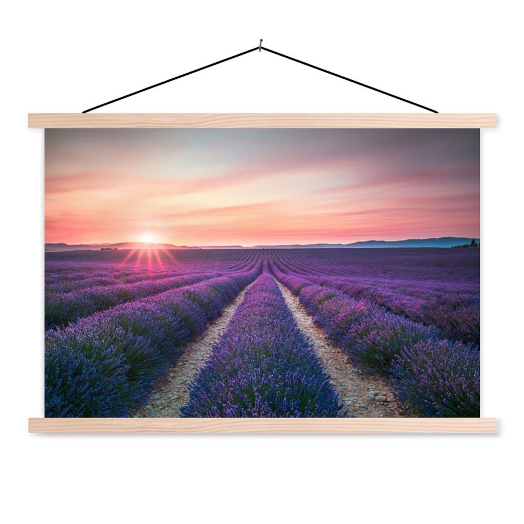 MuchoWow Textilposter Lavendel - Lila - Blumen - Himmel 120x80 cm mit holzfarbenen Rahmen - Aufhängeset