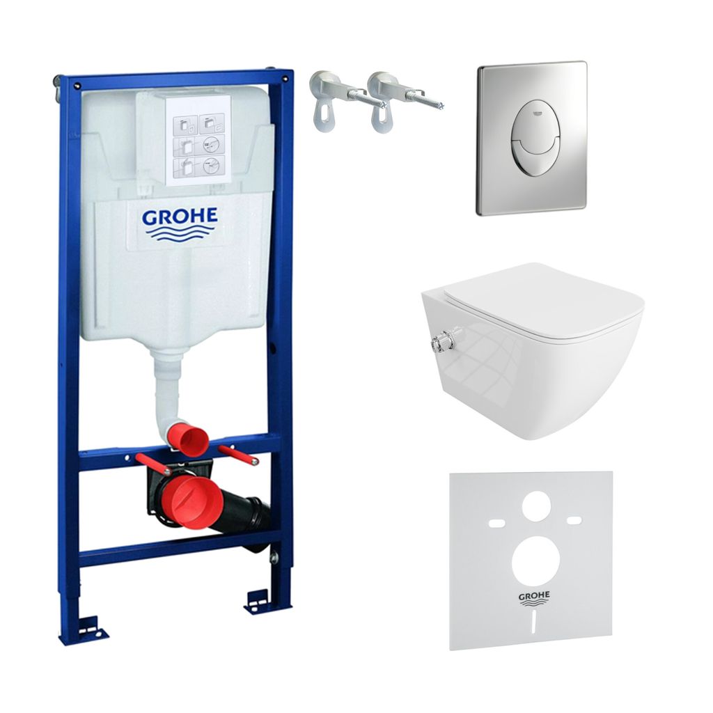 GROHE Vorwandelement Solido Start + Wand Hänge WC Parana Weiß Spülrandlos + WC-Sitz SoftClose | Verchromter Knopf | Komplettset | Unterputz Spü...