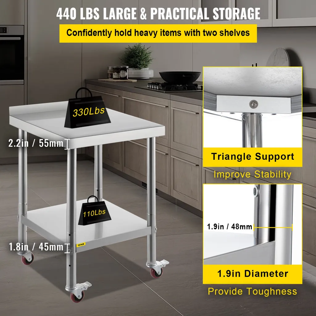 Table inox cuisine VEVOR robuste 440 lbs - Solution stockage mobile