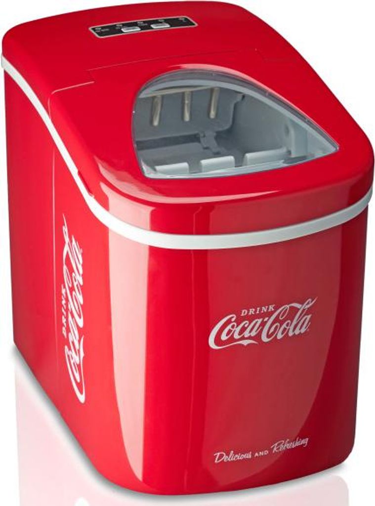 A red Coca-Cola themed ice maker on a white reflective surface.