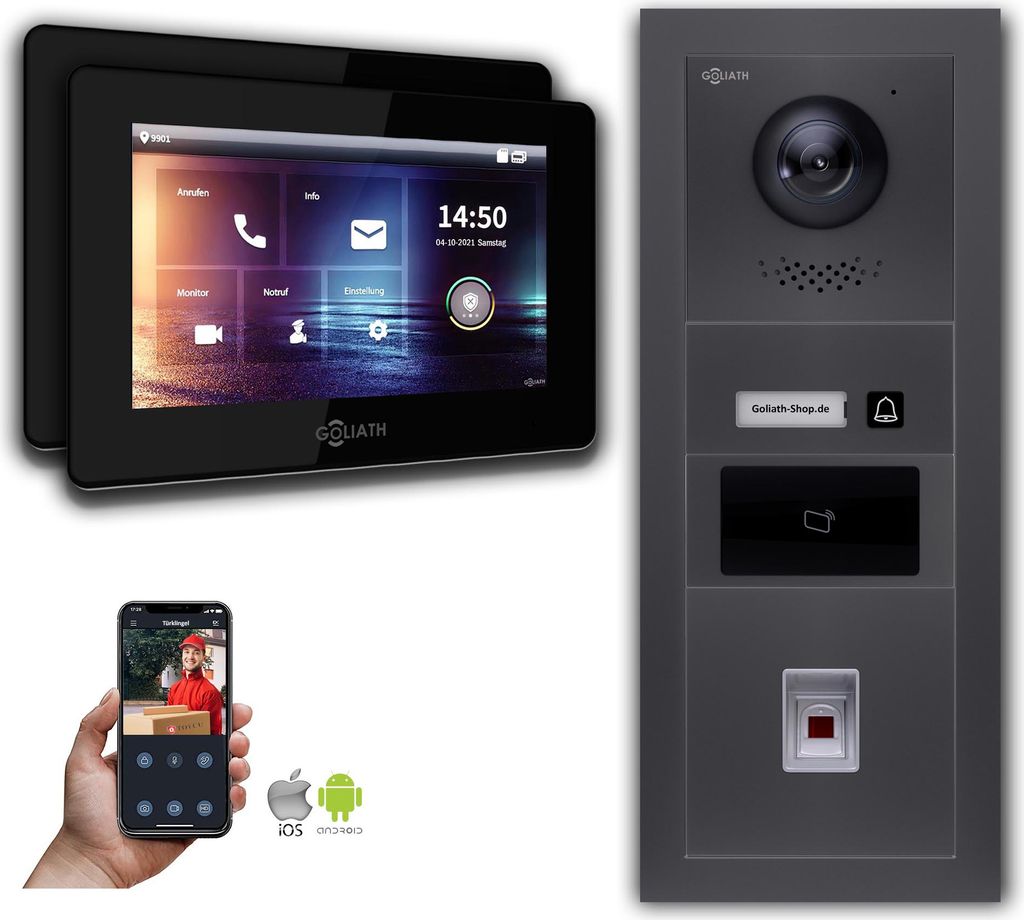 Türsprechanlage mit Kamera Goliath IP 2-Draht 2-Monitor Fingerprint RFID Anthrazit : Aufputzdose : 7 Zoll in Schwarz Türklingel Montagedose: Aufp...