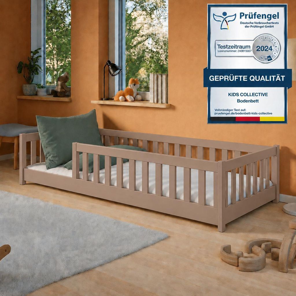 Kinderbett Bodenbett 80x180 cm mit Rausfallschutz & Lattenrost Montessori Bett Bed Gitterbett Kinder Jugendbett Einzelbett | Milchschokolade