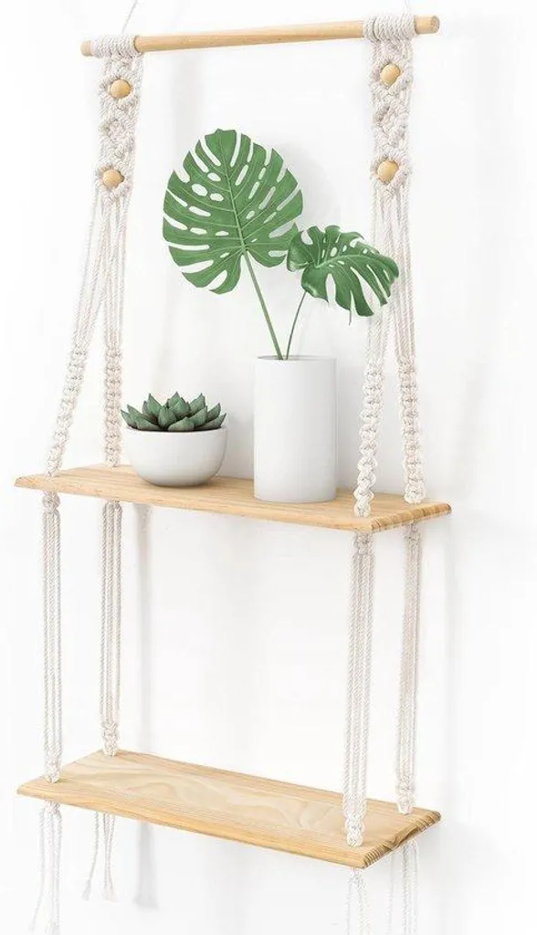 Décoration murale bohème en bois et étagère en macramé tissé main