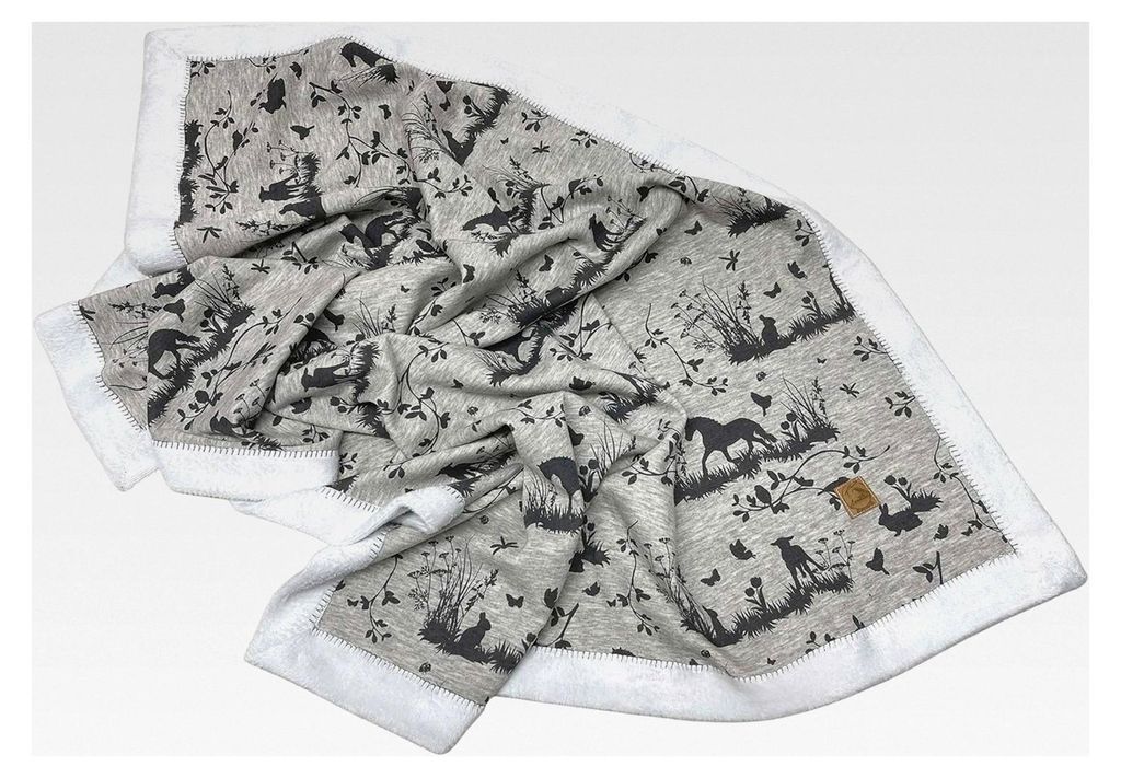 Handgemachte Kuscheldecke für Babys - Frühlingswiese in hellgrau melange weiß