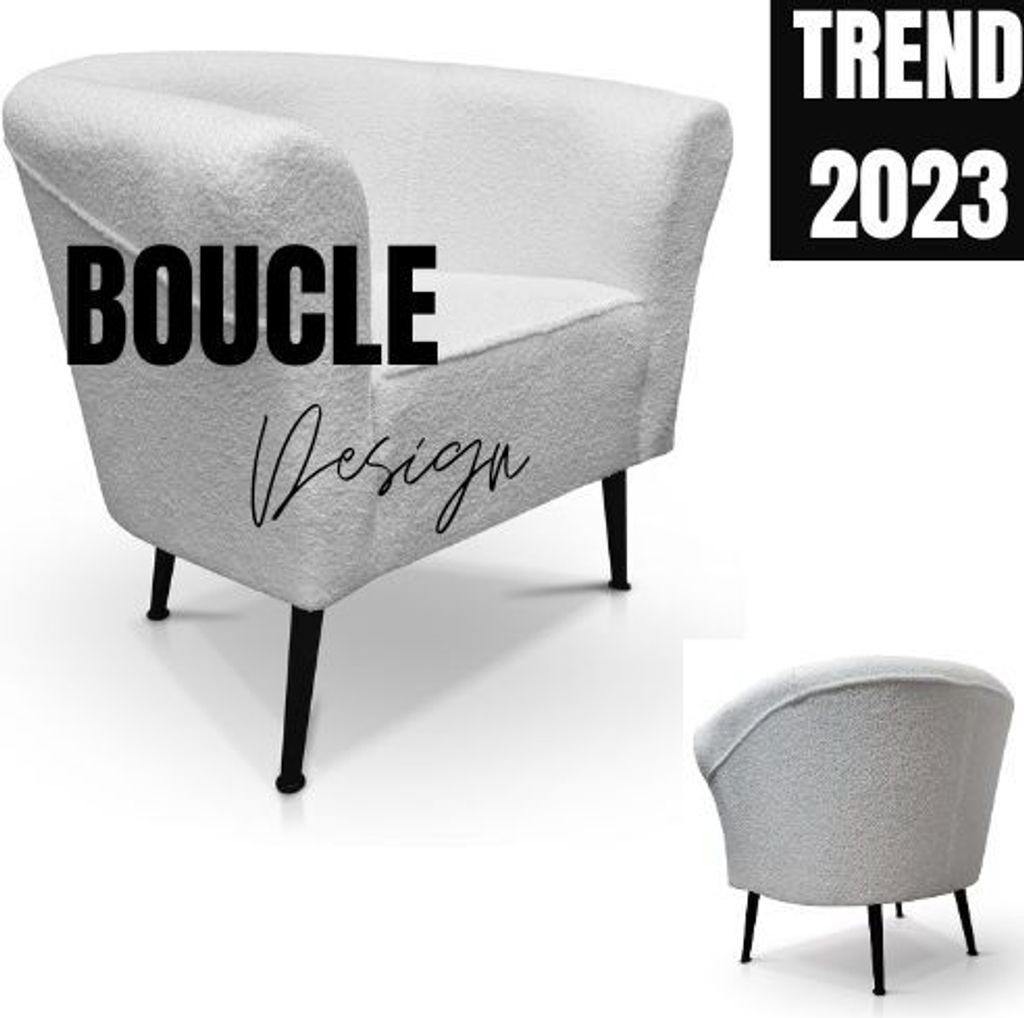 Sessel BOUCLE weiß, Strukturgewebe Relaxsessel mit schwarzen hohen Beinen