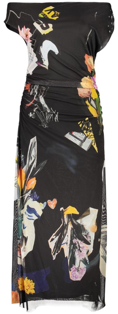 Schwarzes Damenkleid mit Print und U-Boot-Ausschnitt – Lange Kleider